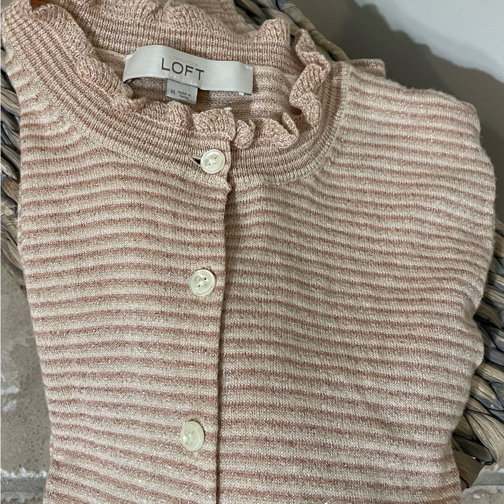 LOFT Blush and Cream Striped Ruffle-Trim Cardigan Size M